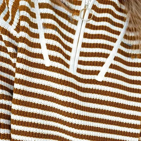 Khaki Cute Women's Boho Cotton Drop Shoulder Oversized Zip Up Pullover Sweater - Picture 2 of 3